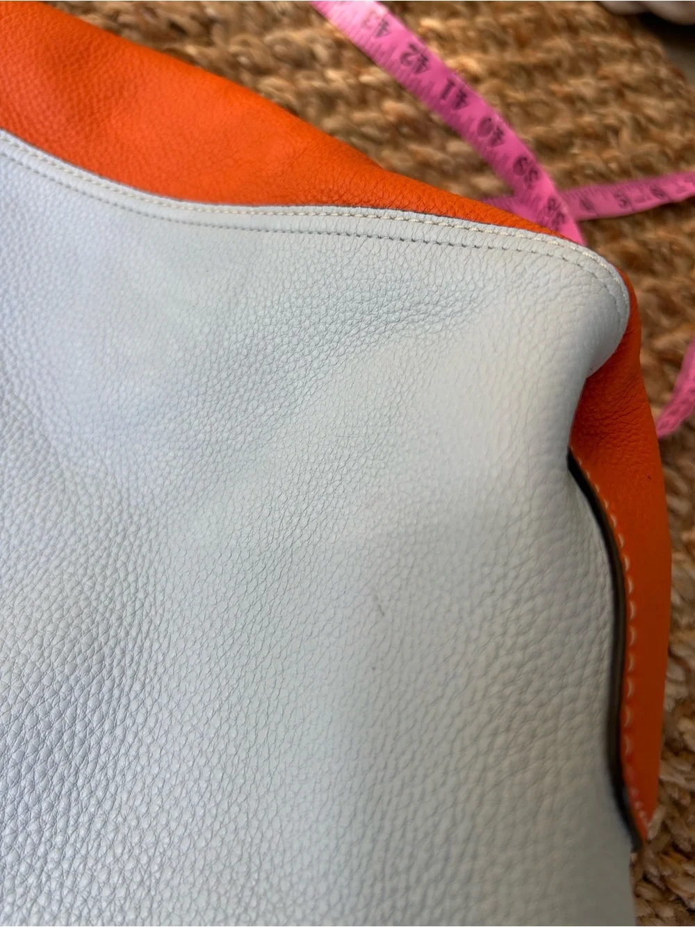 Tory Burch baby blue Pebbled Leather Tote with Orange, Red & Yellow Accents
